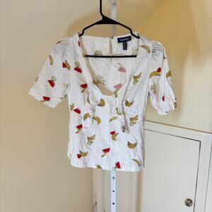 Modcloth EUC Women's Pack a Picnic Tie Front Fruit Print Linen Blouse XS